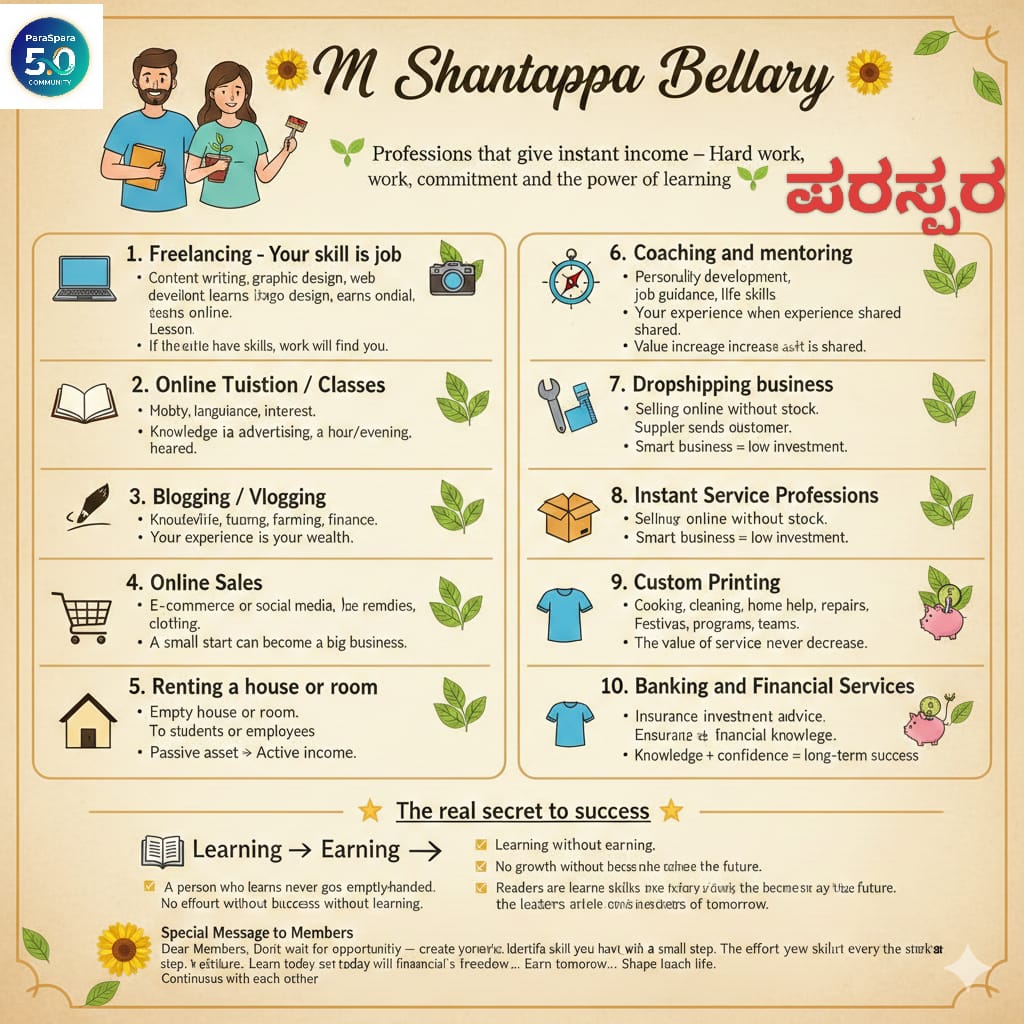 🌱 *ತಕ್ಷಣದ ಆದಾಯ ನೀಡುವ ವೃತ್ತಿಗಳು – ಶ್ರಮ, ಬದ್ಧತೆ ಮತ್ತು ಕಲಿಕೆಯ ಶಕ್ತಿ*